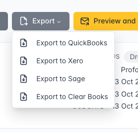 Export menu with Clear Books option
