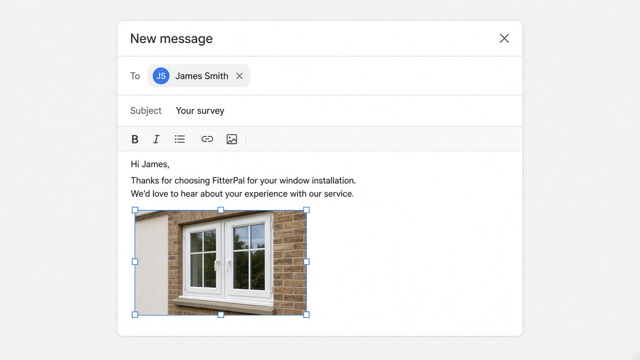 Rich email editor with an inserted photo and resize handles