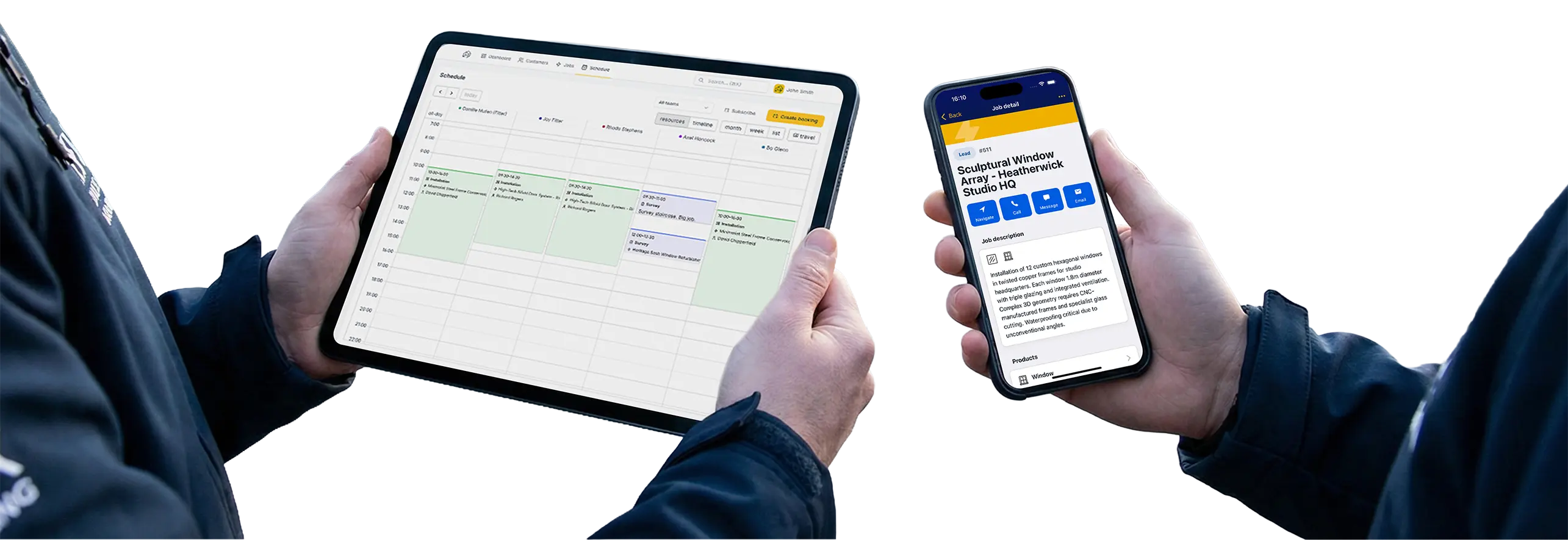 Admin and fitter view of the platform as shown on a tablet and mobile phone